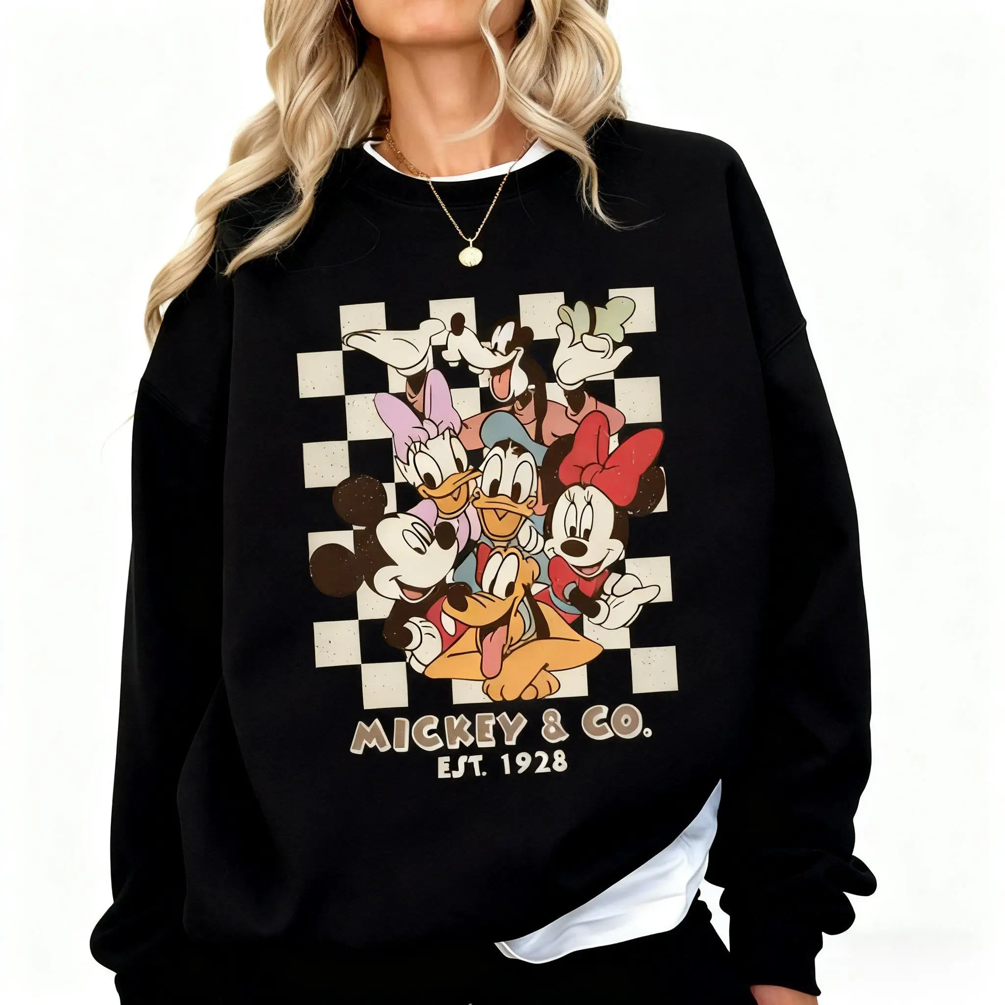 خمر ديزني ميكي ماوس Crewneck البلوز المرأة فضفاضة عادية كم طويل البلوز سترة الشارع الشهير الخريف الشتاء جديد