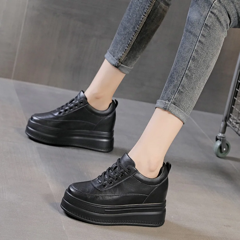 Sneakers Women's New Four Season Thick Soled Inner Height Increase Leather Women's Shoes Mesh White Shoes Casual Sports Shoes image 5