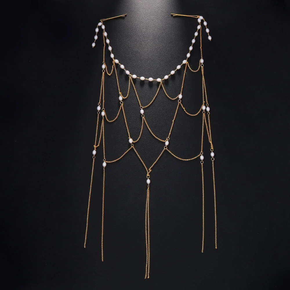 Bridal Mesh Tassel Hair Chain Headband Wedding Dress Accessories Fashion Indian Lady Imitation Pearl Headpiece Hat Wig Jewelry