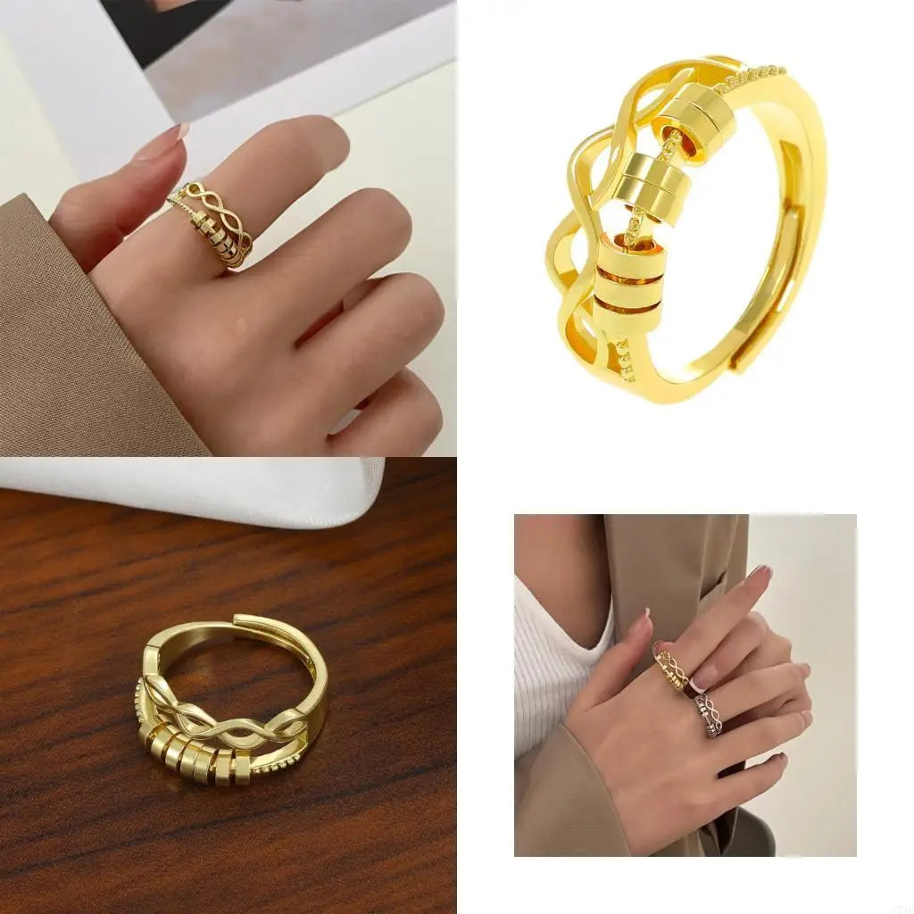 

Fashionable Gift Anxiety Ring for Women Rotating Open Spinner Ring with Beads Finger Jewelry Daily Wear