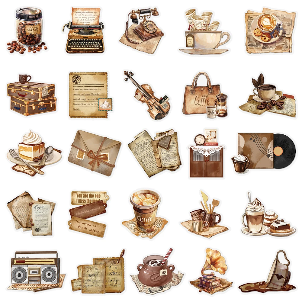 10/30/50pcs Transparent Vintage Coffee Letter Theme Graffiti Stickers Aesthetic Retro Art Decals DIY Notebook Guitar PET Sticker view 6