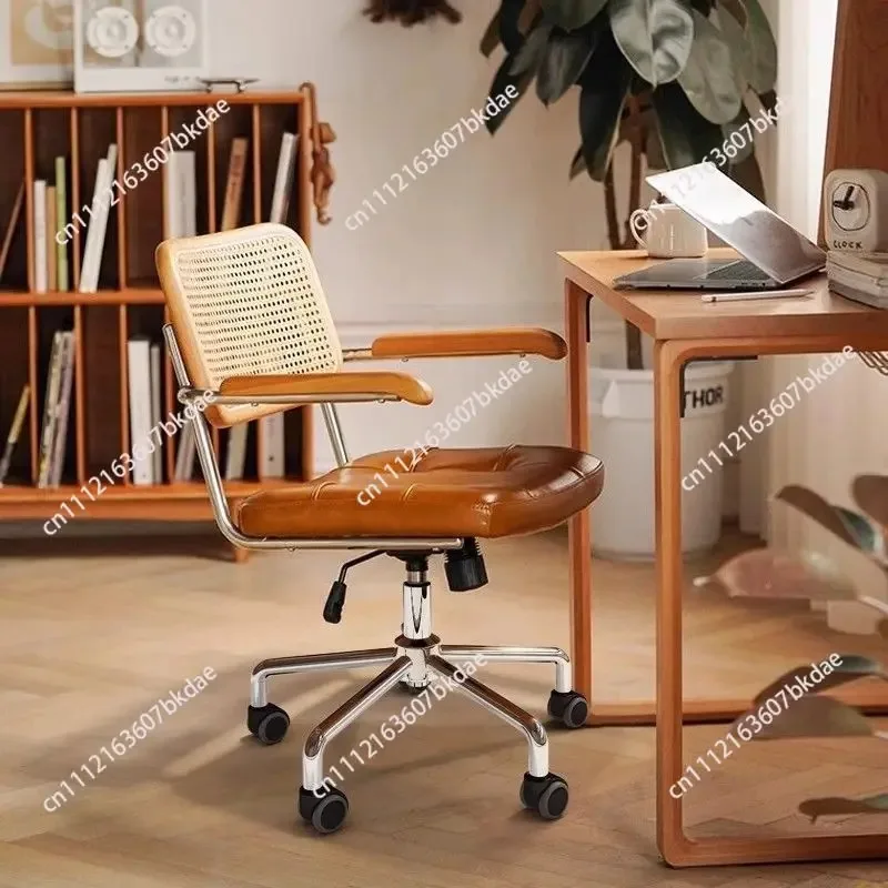 Retro Rattan Weave Computer Chairs Japanese Comfortable Study Desk Seat Rotating Lifting Chair Breathable Armrest Backrest Chair