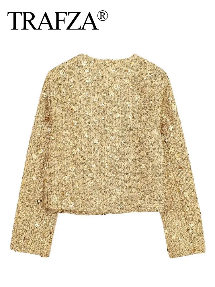 TRAFZA 2024 Donne Paillettes Lucide Cardigan Cappotto O Collo Giacca A Maniche Lunghe Oro Argento Paillettes Sottile Cappotti Corti Moda Streetwear