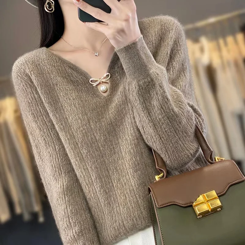 100% Wool Woman\'s Sweater Autumn Winter Jumper Fashion V-Neck Female Pullover Long Sleeve Blouse Loose Large Size Tops Knitted