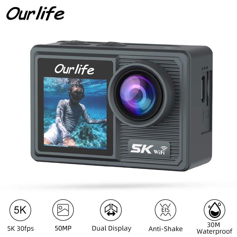 كاميرا Ourlife Action 5K 4K كاميرا دراجة 50MP 2.0 شاشة LCD تعمل باللمس EIS WiFi 170 ° كاميرات فيديو رياضية تكبير 5X مقاومة للماء بطول 30 مترًا #1
