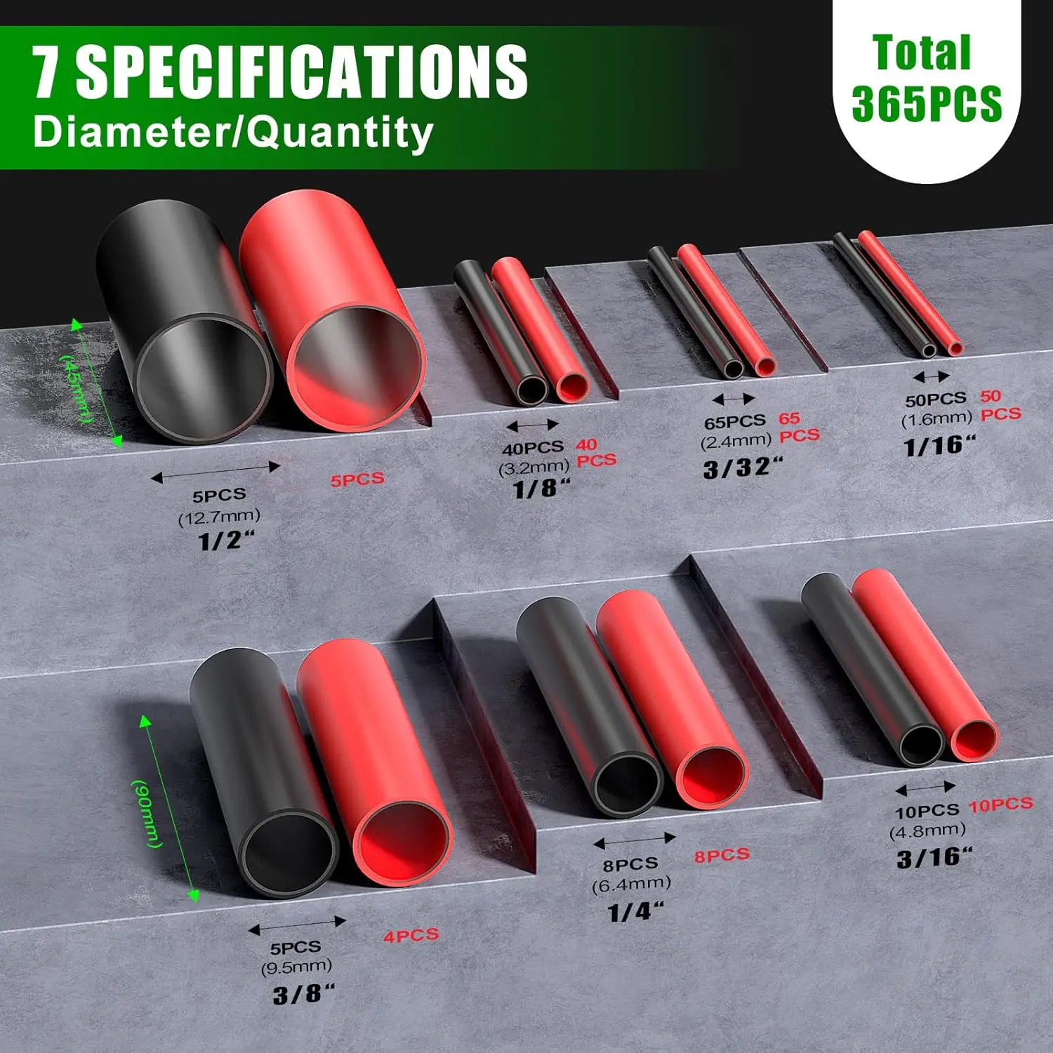 365PCS 3:1 Ratio Heat Shrink Tubing Kit, 5 Sizes (Diameter): 1/8, 1/4, 3/16, 3/8, 1/2 Inch, Electric Wire Cable Wrap Assortment