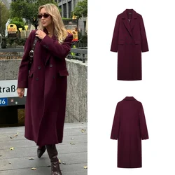 Women Fashion Burgundy Woolen Coat Double Breasted Long Sleeve Lapel Blends Jacket Autumn Winter High Street Outerwear