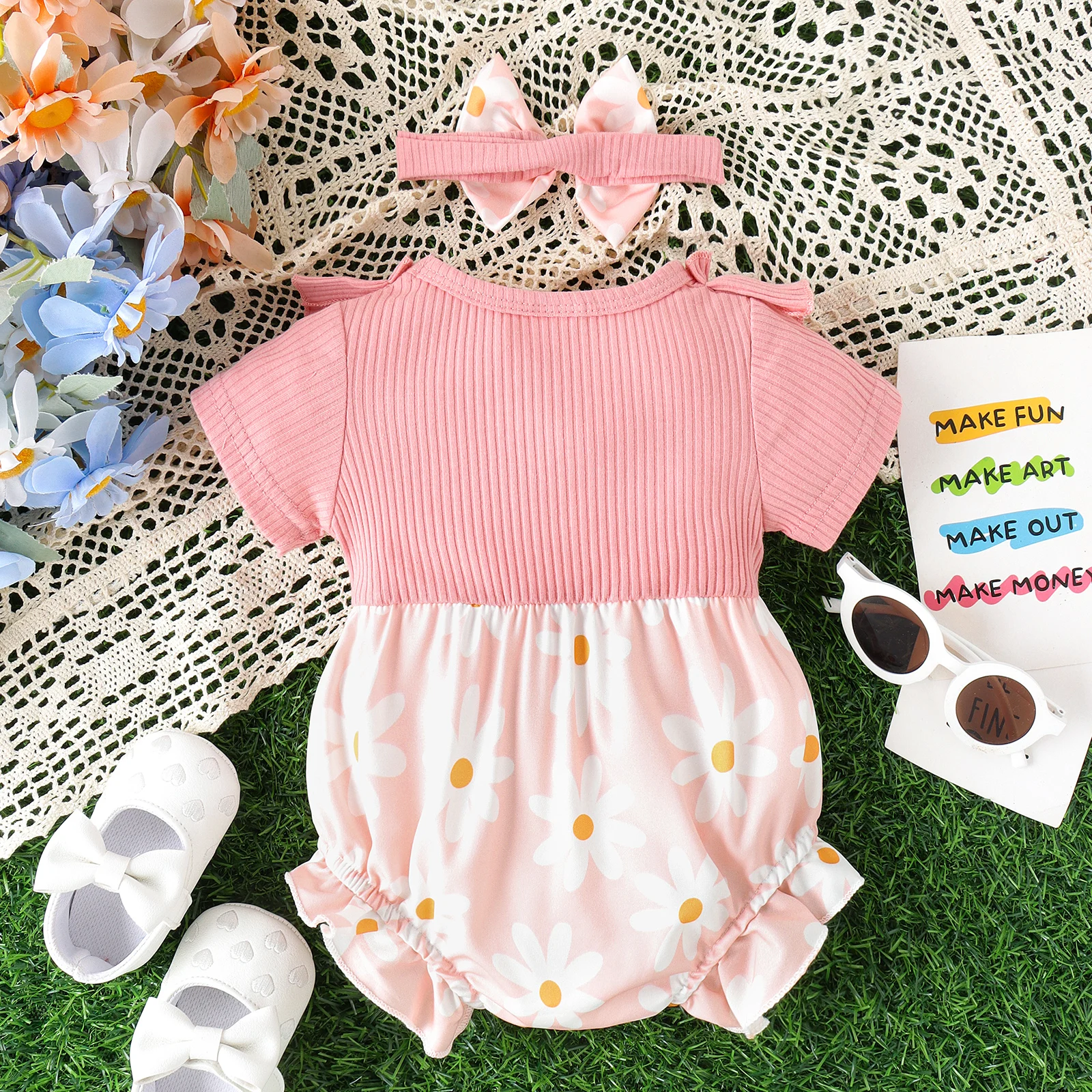 2PCS 0-2 Years Old Fashion Trend Cute Baby Summer Comfortable Multi-Color Pit Strip Patchwork Print Clear Onesie