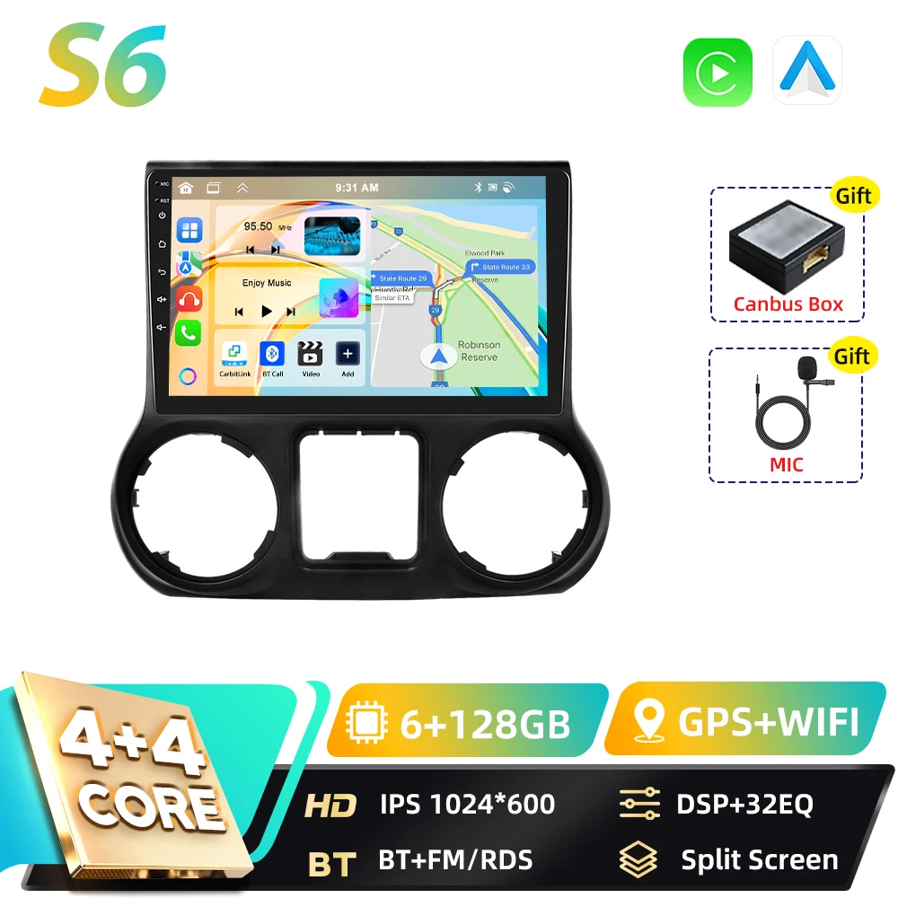 Podofo Qualcomm 8-core 2-DIN Android autoradio voor Jeep Wrangler 2011-2014 met DSP, Android Auto, BT, GPS, FM, WIFI, RDS en Carplay.