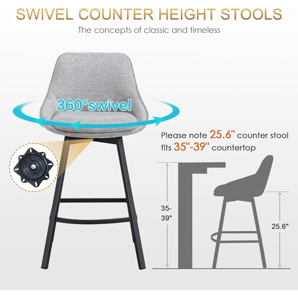 Swivel Bar Stools Set of 3, 26'' Modern Counter Height Barstools with Backs, Upholstered Linen Fabric Stools for Kitchen Island