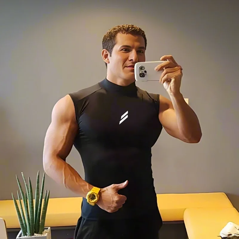 Men's Mock Neck Running Vests Quick Dry Sleeveless Compression Shirt For Gym Workout Fitness Bodybuilding Training Athletic Wear