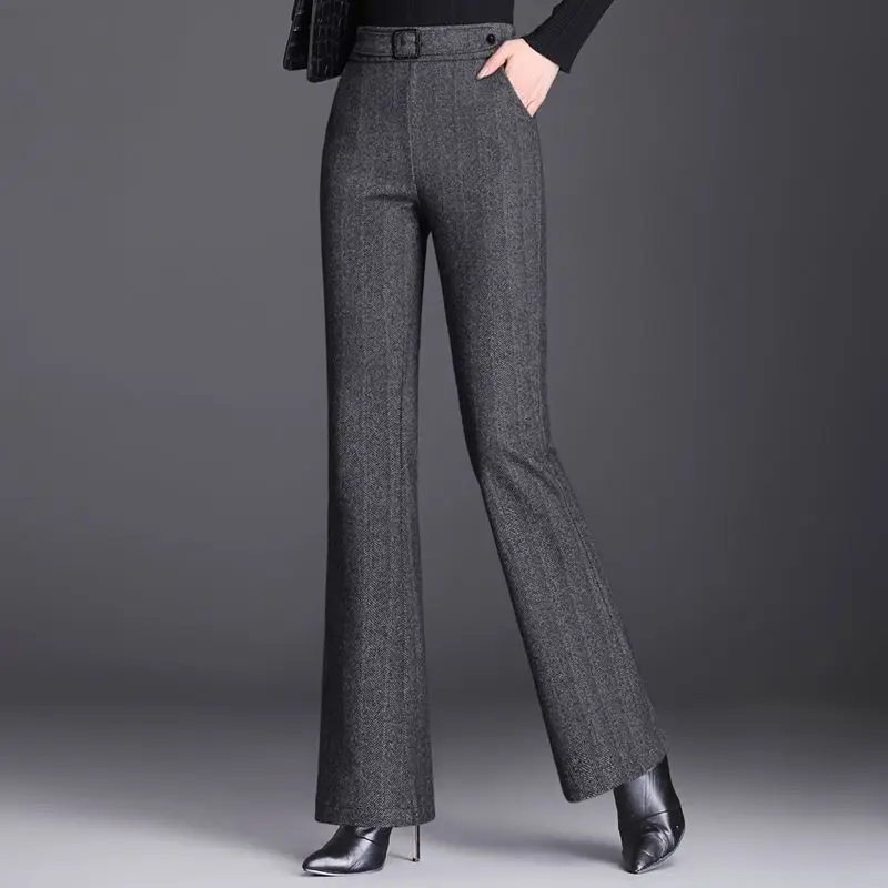 

2023 Women Autumn Winter New Woolen Flare Pants Female Fashion Solid Color Long Pants Ladies High Waist Warm Wool Trousers O583