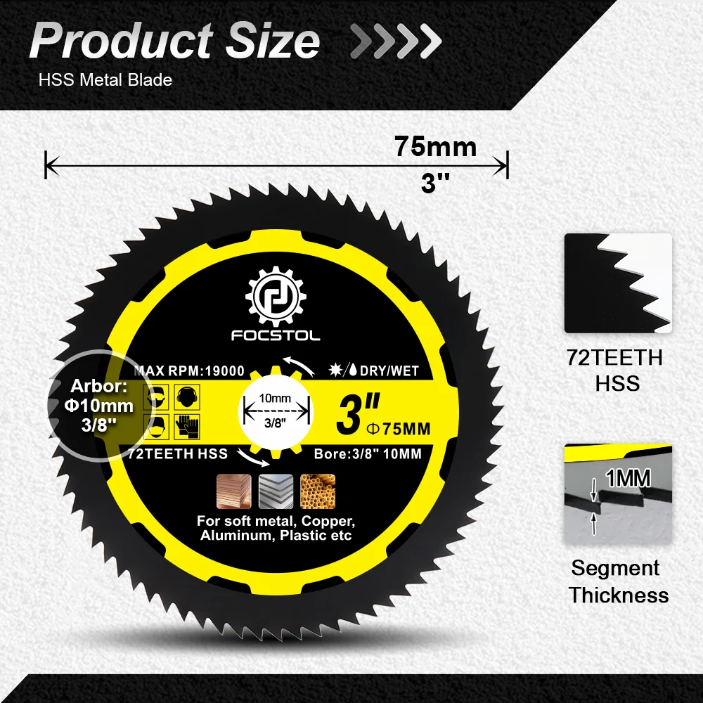 FOCSTOL 3 polegadas de diâmetro 75mm HSS disco de corte 1/3pcs lâmina de serra para corte de metal macio cobre alumínio mini disco de serra