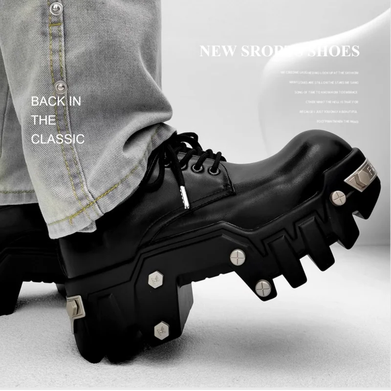 Iron Toe Derby Shoes Men's Lace-Up Gear Bottom Bulldozer Thick Soled Black Leather Casual Shoes Height Boosting Big Toe Shoes