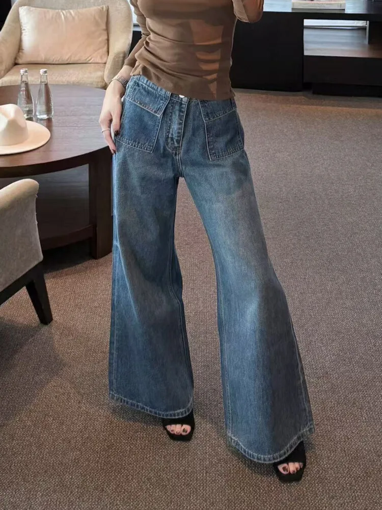 BJTZ pantalones vaqueros de cintura alta de diseñador de bolsillo para mujer 2025 primavera otoño nueva moda ropa de calle informal de pierna ancha pantalones vaqueros femeninos
