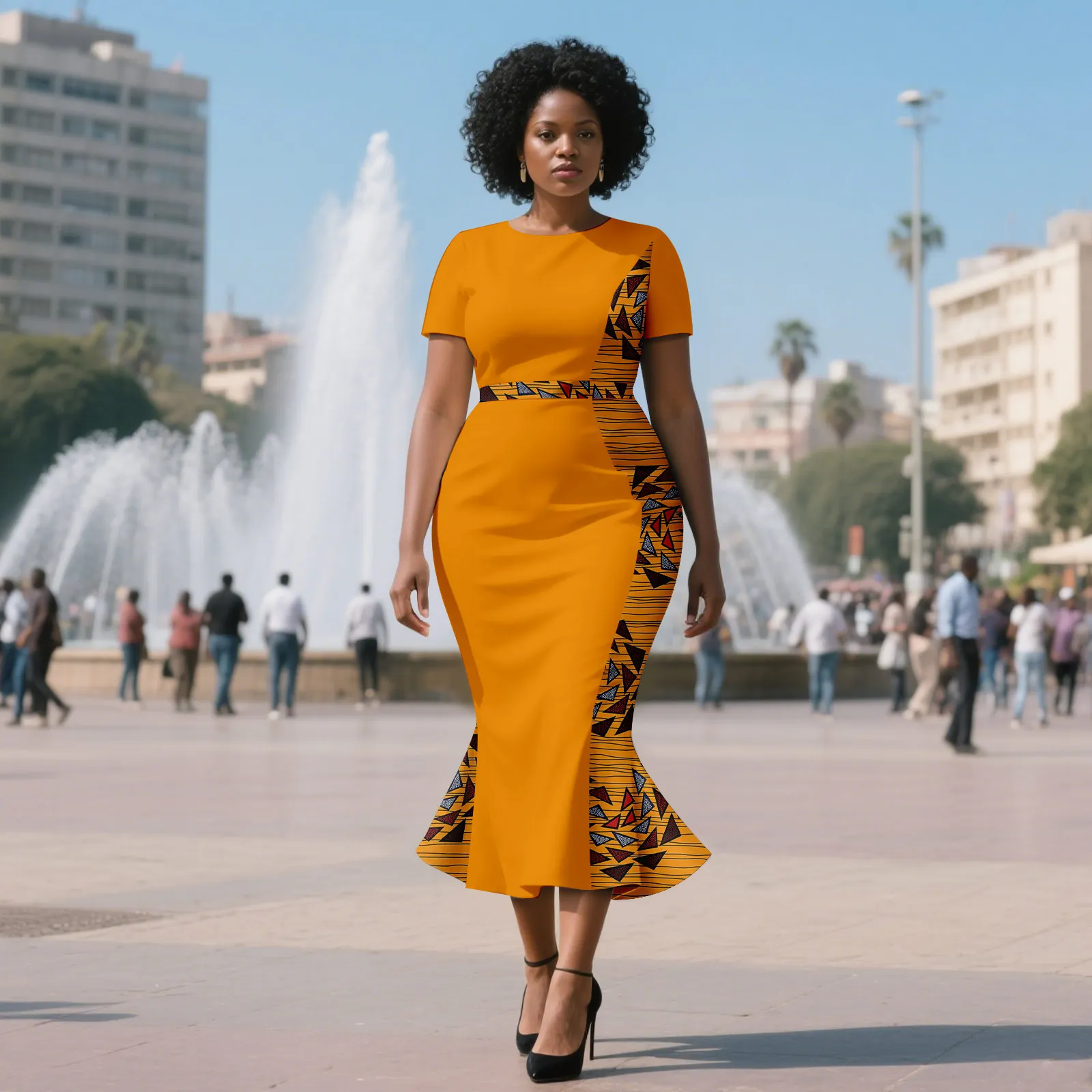 

Afripride Women's Ankara Dress Sexy Round Neck Contrast Color Style with Ankle-Length Fishtail Skirt 2525112