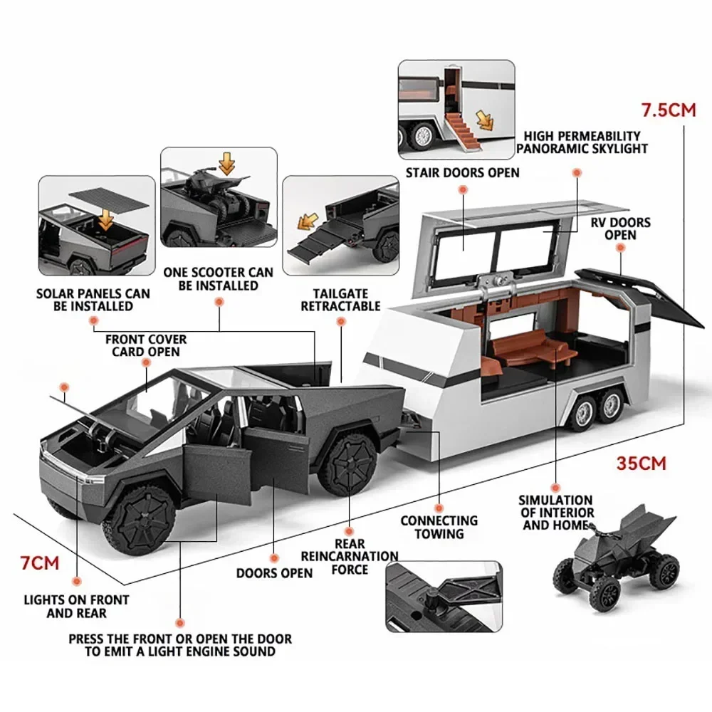 1:32 Tesla Cybertruck Pickup RV Trailer With Motorcycle Diecast Metal Model Toy Vehicle Sound and Light for Kids Boys Collection