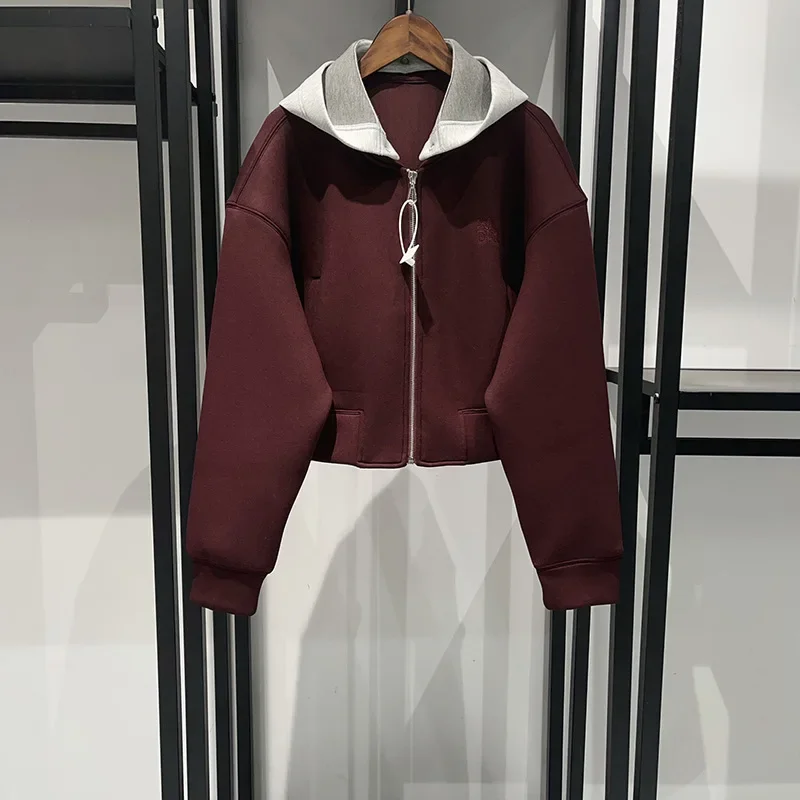 

Niche 2024 autumn and winter street hooded zipper short hoodie fake two-piece set clothes