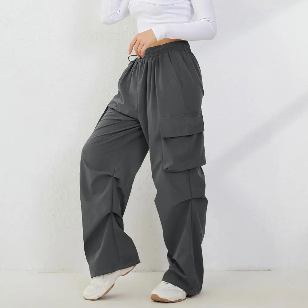 Loose Fit Casual Pants with Pockets Elastic Waistband Women's Cargo Pants Adjustable High Waisted Trousers with Multi Pockets