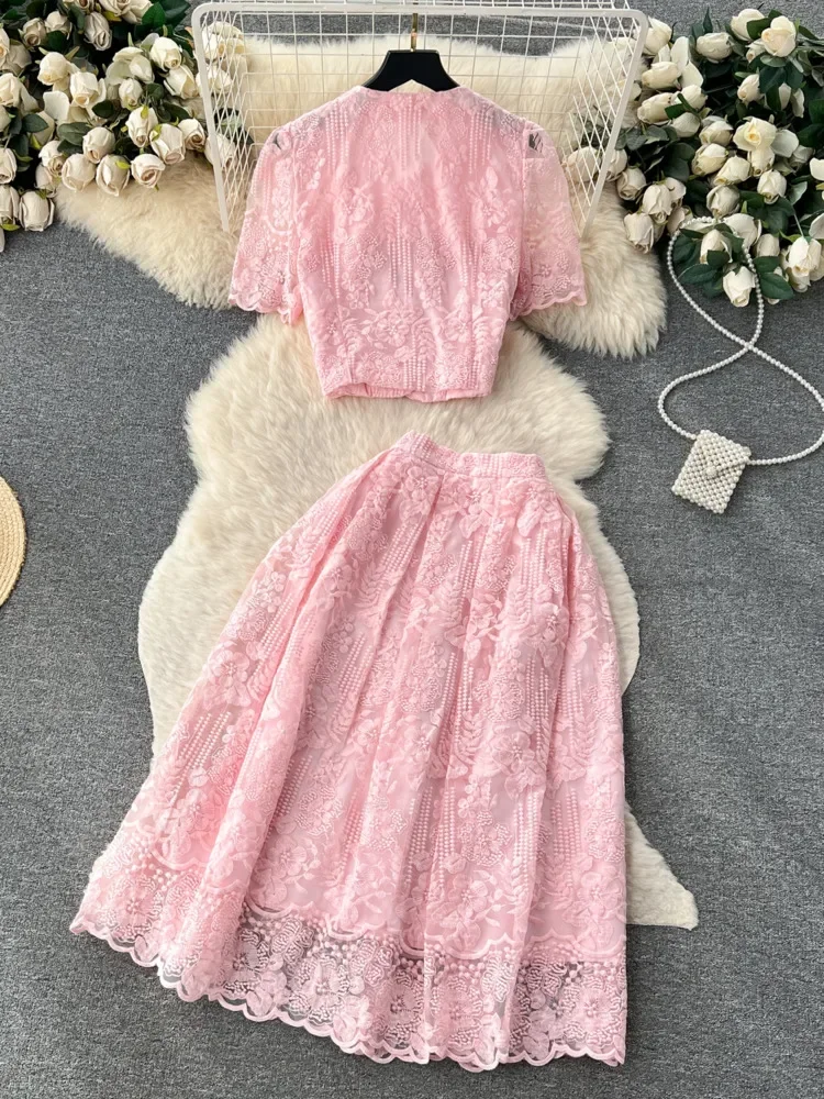 Summer Korean Small Fragrance Style Lace Set Two Piece Suit Lace Hook Flower Short Sleeve Shirt Tops Midi Skirt Women\'s Outfits