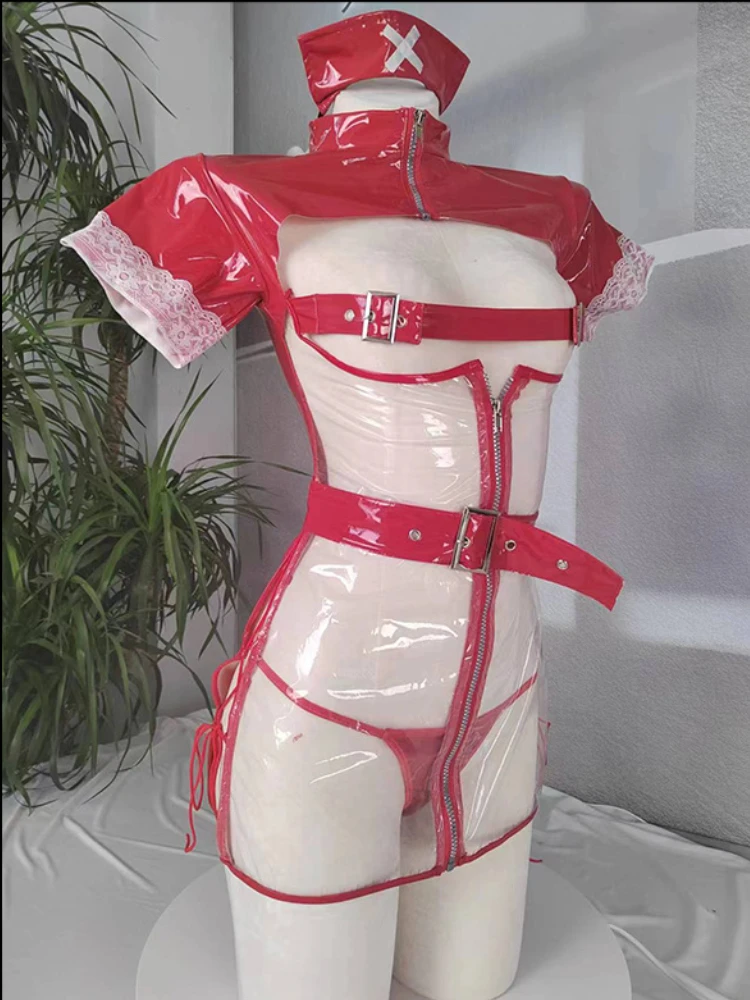 Sweet Bandage Transparent Patent Leather Red Nurse Uniform Cosplay Costume 2B Amine Game Role Play Outfits Underwear Nightgown