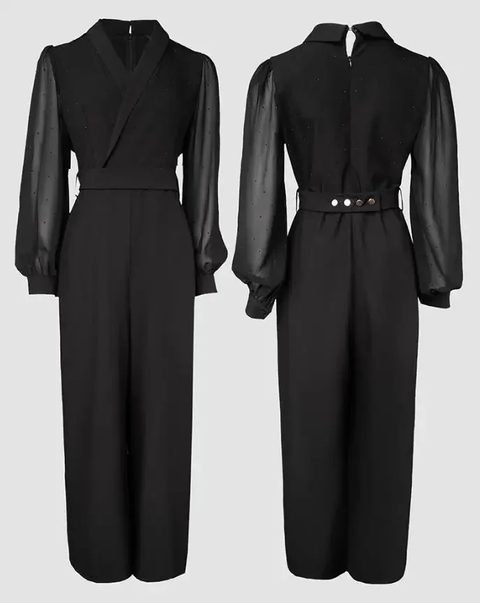 Women's Plunge Rhinestone Chiffon Casual Jumpsuit Daily Clothing Autumn Female Patchwork Long Sleeve Fashion Zipper Rompers
