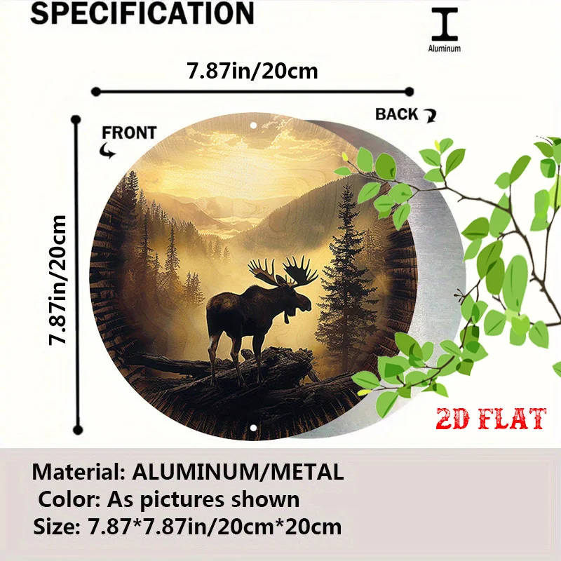 2D Flat, 1pc Moose Round Wall Art - Wilderness Forest Sunset Mountain Landscape with Moose, Rustic Cabin Decor for Home