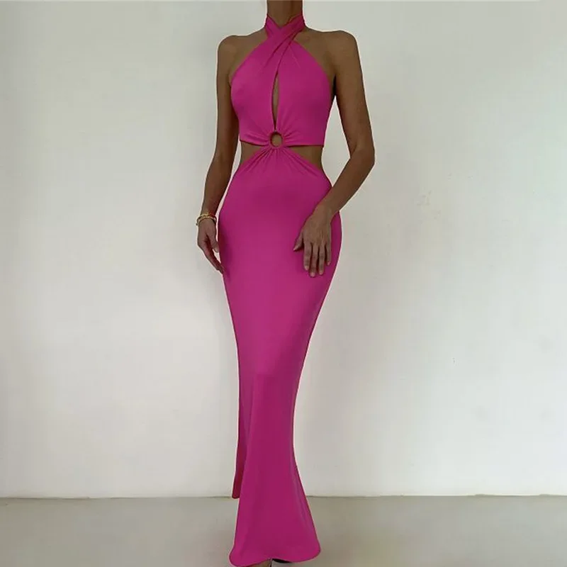

2025 Summer Sexy Spliced Hanging Neck Strap Open Back Long Maxi Party Dresses Side Hollow Big Size Dress Vestidos Femininos XXXS
