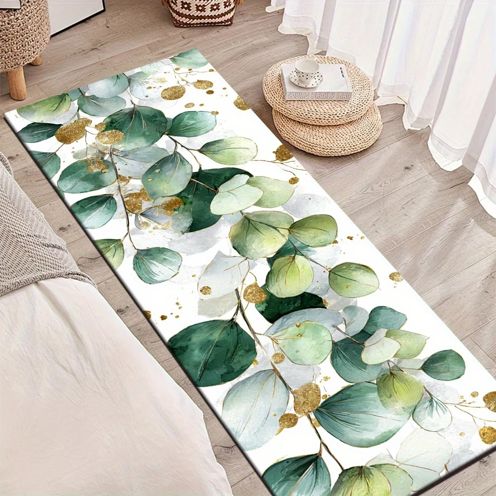 Minimalist Eucalyptus Leaf Gold Speckle Runner Rug on white base,non-slip decorative mat for bedroom, entryway and home corridor