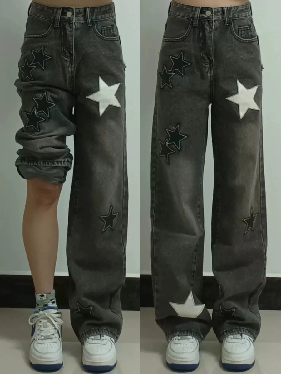 

American High Street Star Denim Jeans Women plus Size High Waist Slim Straight Wide Leg Pants Autumn Winter Design Sense