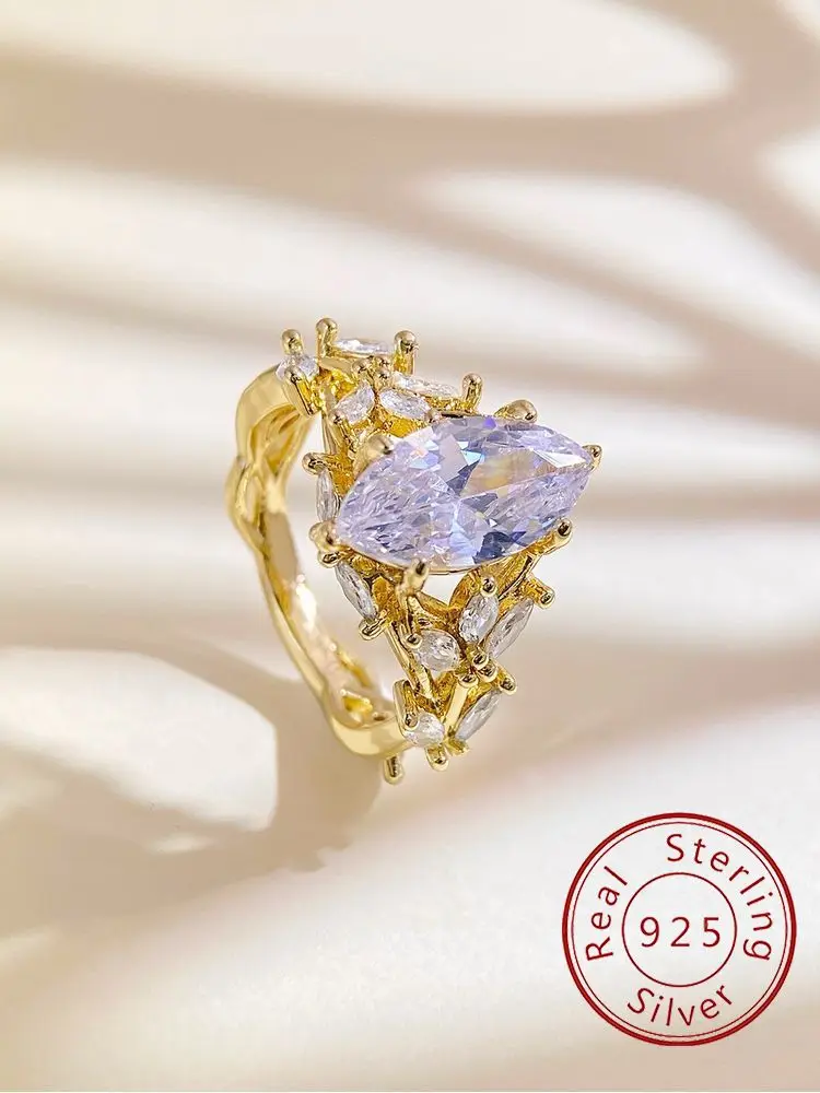 Personalisierter Ring aus 925er-Sterlingsilber mit goldenem Blatt-Rebe-Marquise-Zirkonia-Ring für Frauen, Verlobung, Hochzeit, luxuriöser edler Schmuck