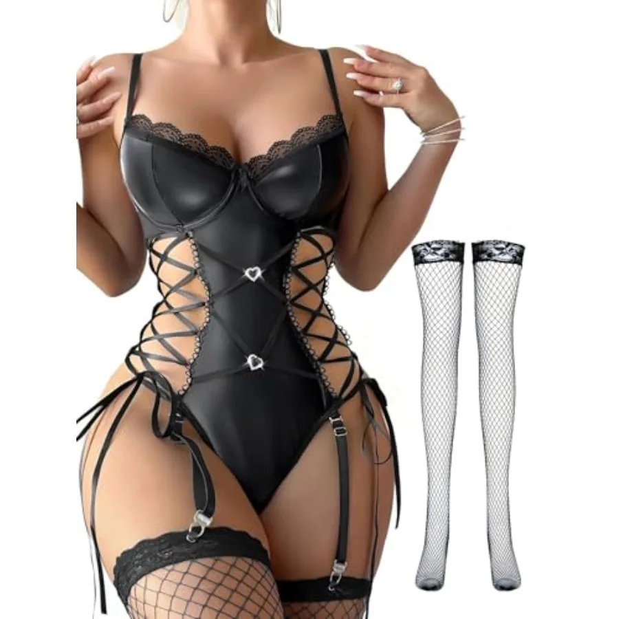 

Lilosy Sexy Floral Lace Up Belt Garter Underwire Teddy Bodysuit Lingerie Set
