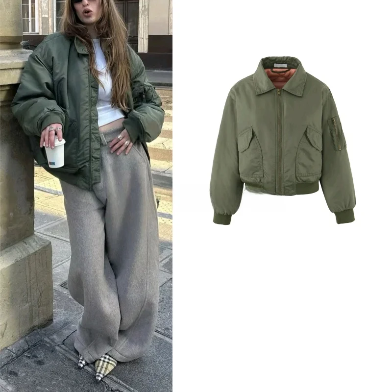 

Retro Style Loose Fit Long Sleeve Collared Motorcycle Jacket New Autumn Women's Cotton Outerwear Zipper Closure Color