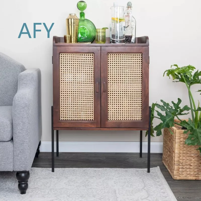 Rattan Dining Side Cabinet for American Retro Style Walnut Color Solid Wood Furniture Wholesale Cross Border Export Custom