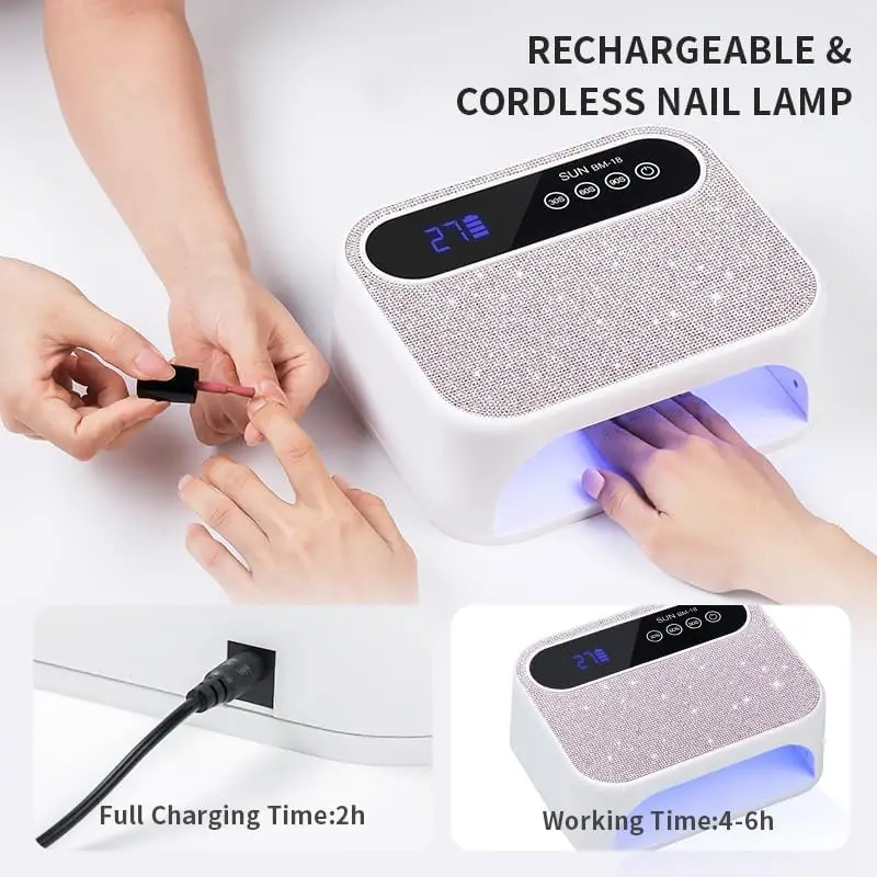 Cordless UV Nail Lamp, 268W Rechargeable UV Gel Nail Light, Sparkling Rhinestones Diamond Fast Curing Nail Dryer