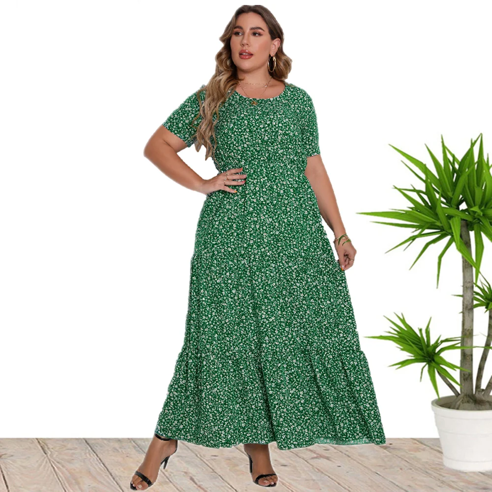 Plus Size Casual Dress, Women's Plus Ditsy Print Short Sleeve Round Neck Maxi Smocked Dress