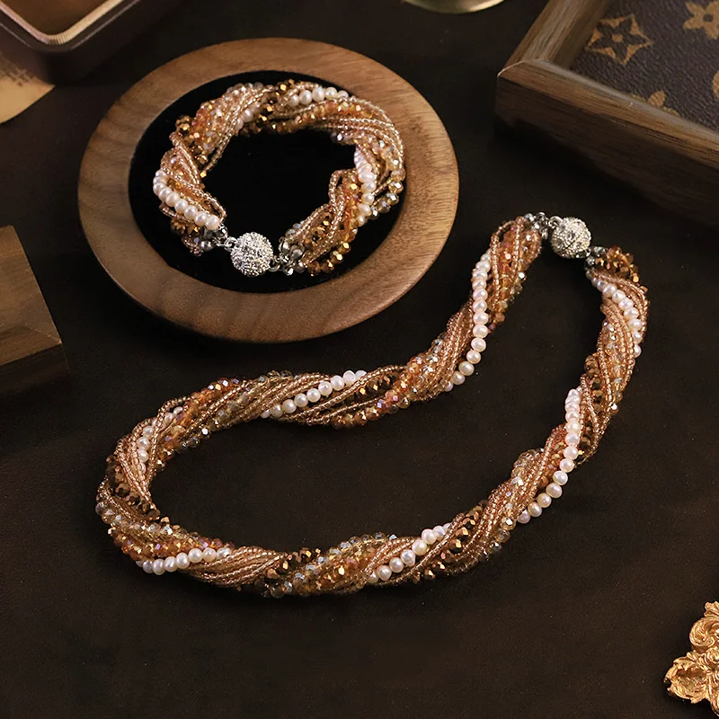 

Female Fashion Pearl Green Glass Beaded Necklace Bracelet Set for Women Statement Multi Layer Choker Exquisite Luxury Jewelry