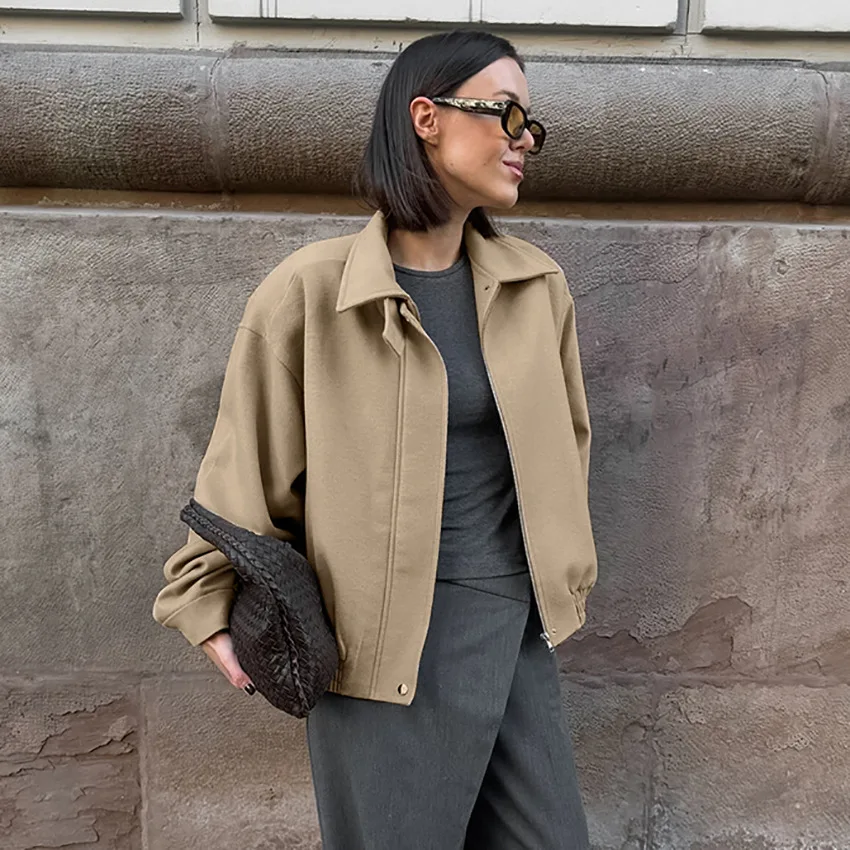 

KIDCRKJ Women Spring Autumn Woolen Jacket Khaki Lapel Collar Buttom Female Outwear Elastic Hem Casual Versatile Coat For Lady