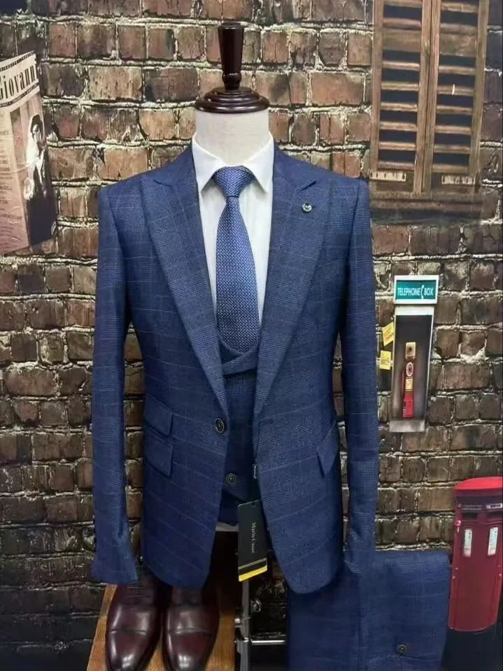 2024 Business Fit Blue Plaid Striped Men\'s Suit 3-piece Best Man Wedding Dress  Men Clothing  Suit Men