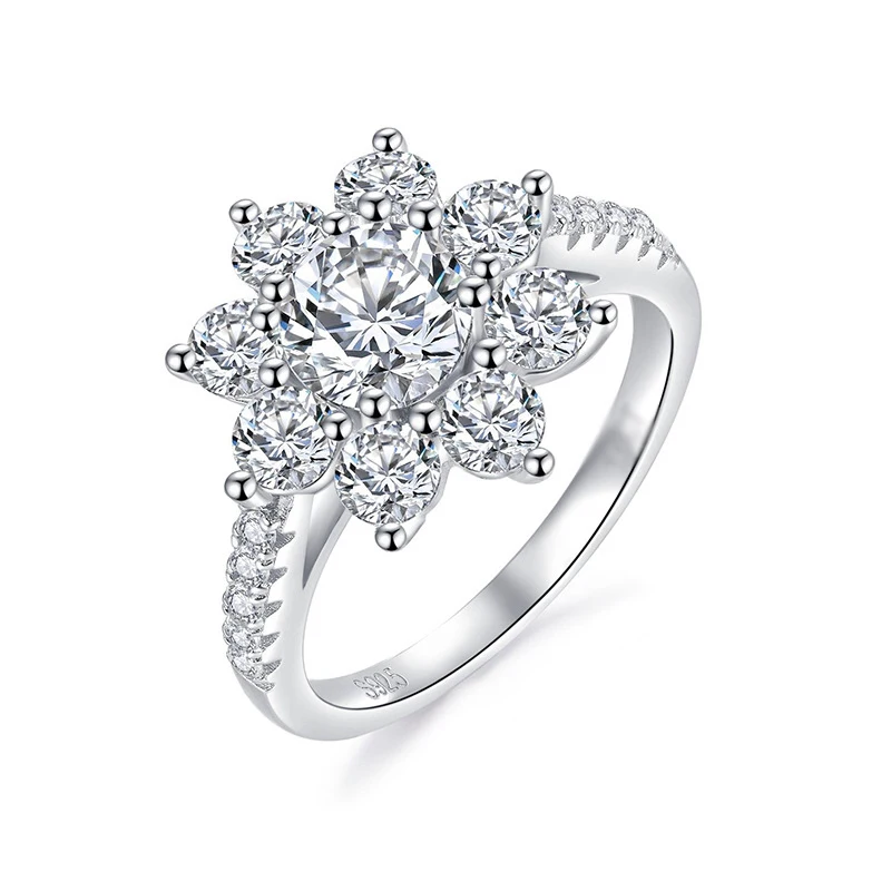

Moissanite Diamond Ring Woman 925 Sterling Silver Sunflower Flower Shape 2 Carats D Color Engagement Wedding Jewelry