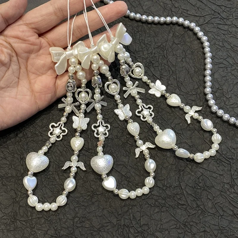 

Ремешок-цепочка для телефона для iPhone Samsung, милый белый бант в стиле барокко, цветочный шарм, универсальные аксессуары, ювелирный кулон