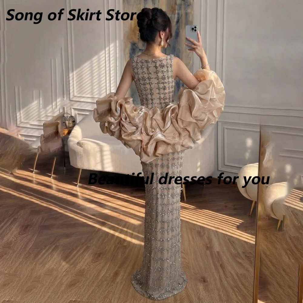 Customized Champagne Mermaid Mother Of The Bride Gown  Square Floral Rhinestone Detachable Puff Sleeves Wedding Formal Dress