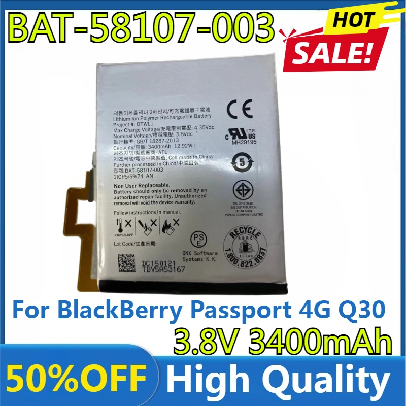 

Новый высококачественный сменный аккумулятор 3400 мАч BAT-58107-003 для BlackBerry Passport 4G Q30 SQW100-1 SQW100-3 Windermere