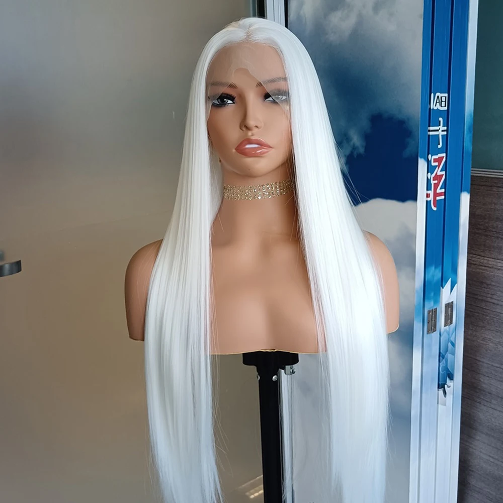 White Wig Straight Synthetic Lace Frontal Wigs for Women Ready to Wear Long White Wig Cosplay Snow White Colored Wigs for Women view 3