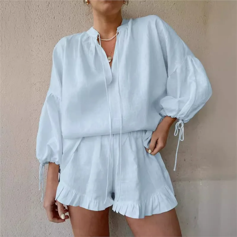 Women\'s Casual 2 Piece Long Sleeve Lace Up Top Shirt And Shorts Set 2024 Summer White Casual Chic Suit Set