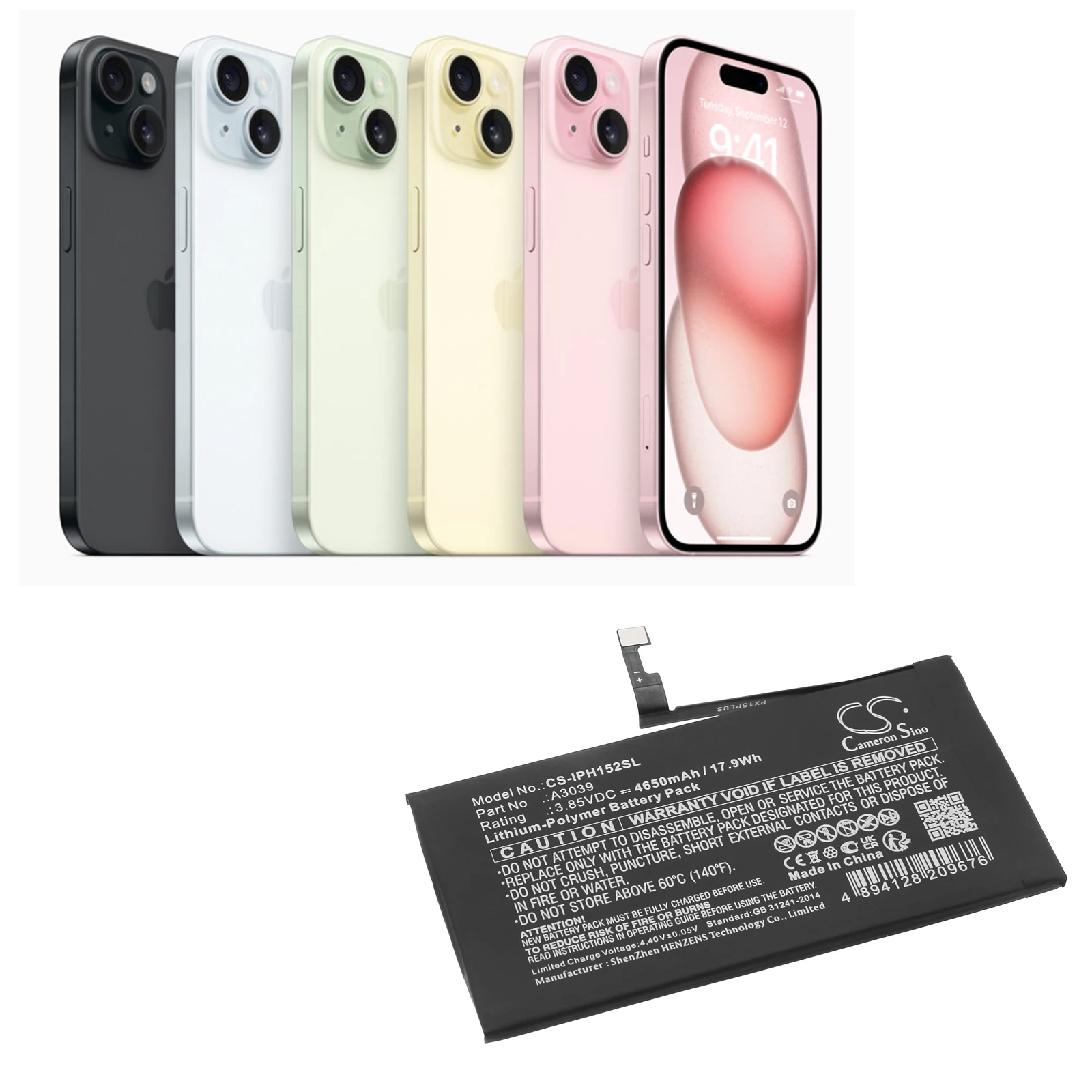 CS Replacement Battery For Apple iPhone 15 Plus A3039 4650mAh / 17.9Wh Mobile, SmartPhone