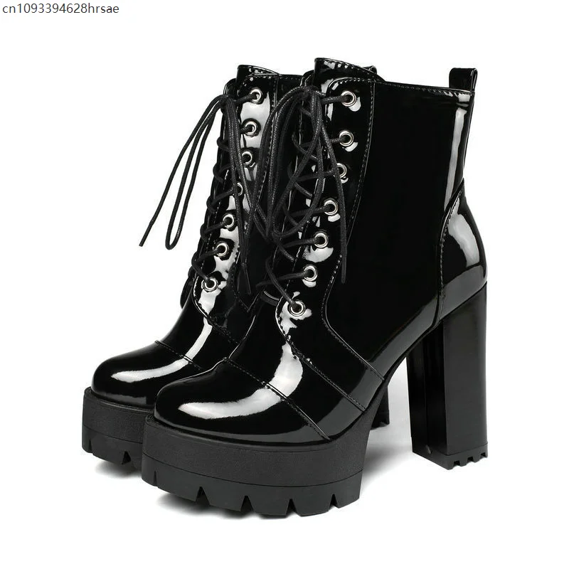 Ultra-high heel boots women round head thick with waterproof platform lace-up boots patent leather high-heeled boots boot