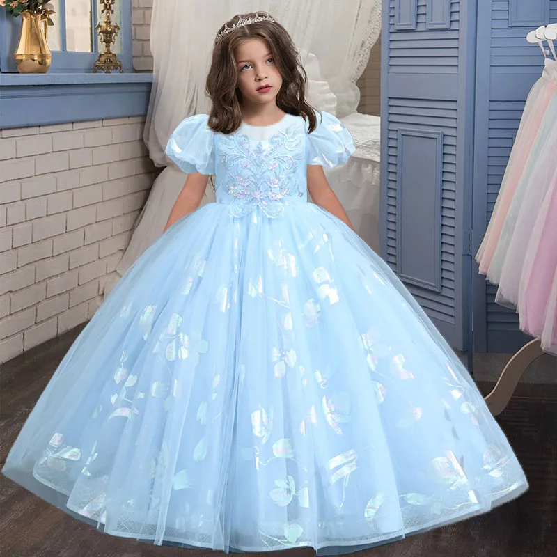 

New sequin girls elegant wedding pearl petal girl dress princess party beauty pageant sleeveless lace children's tulle 4-12 yea