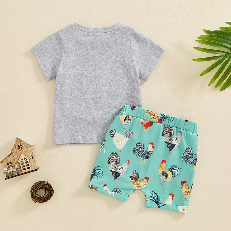 Little Boys Summer Farm Outfits Short Sleeve Letter Print Tops and Chicken Tractor Print Shorts Sets image 3