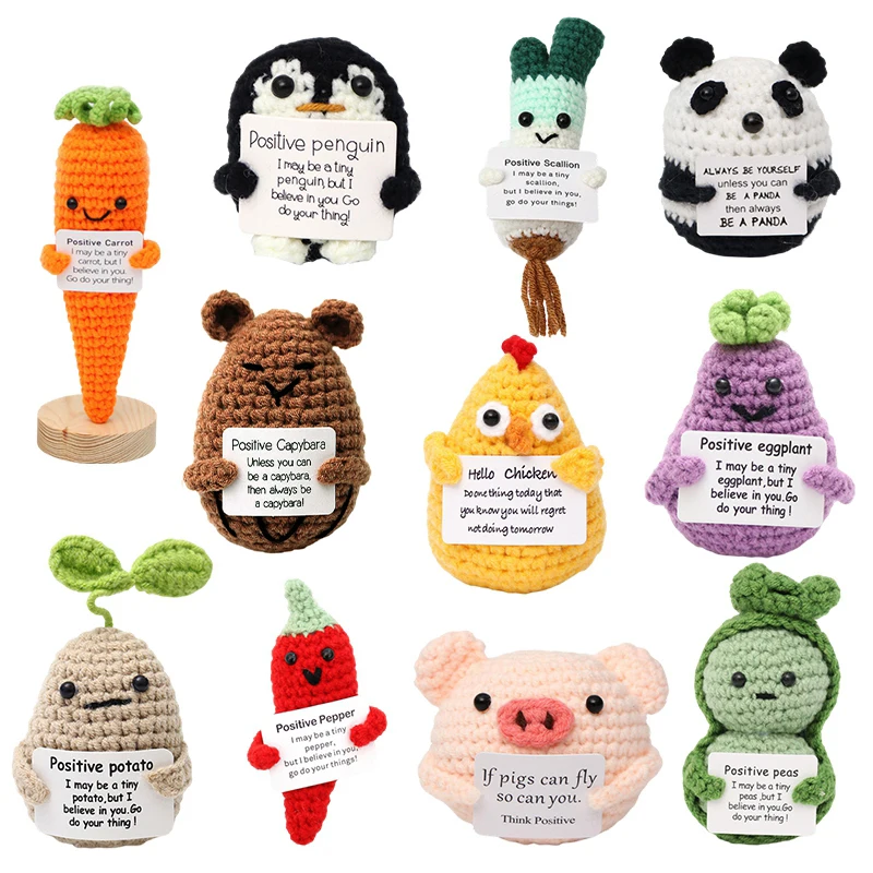 Muñecas de energía positiva de ganchillo, Mini abrazo de bolsillo, muñeca tejida de felpa hecha a mano, regalos tejidos a mano, decoración de escritorio de animales de ganchillo